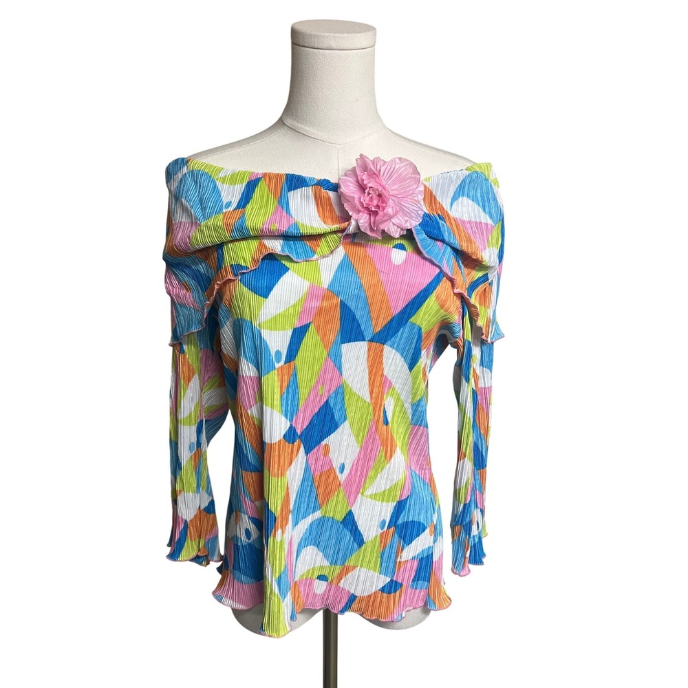 Vintage Plisse Abstract Off The Shoulder Top Flower Large Colorful Y2K USA Made